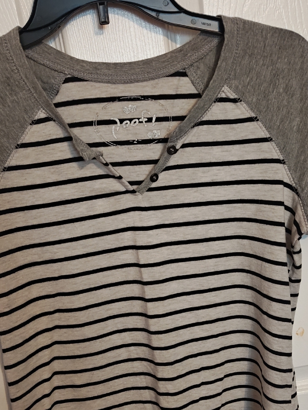 Striped Henley Tee in Light Gray and Black